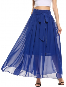 

Blue High Waist Solid Bow Tie Pleated Maxi Chiffon Skirt, Multicolor