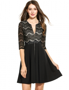 

Women Casual 3"4 Sleeve Patchwork O Neck Lace A-Line Dress, Multicolor