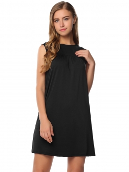 

Black Sleeveless Solid Side Pockets O Neck Straight Dress, Multicolor