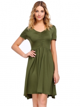 

Army green Solid Short Sleeve V Neck Ruched High Low Hem Tunic Dress, Multicolor