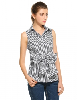 

Black Sleeveless Slim Button Down Collar Striped Top with Belt, Multicolor