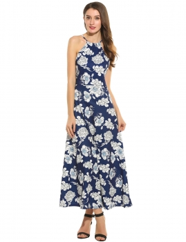 

Blue Women Casual Sleeveless Print Spaghetti Straps Backless Maxi Dress, Multicolor