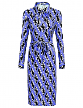 

Blue Women Turn Down Collar Geometric Print Calf Length with Belt Casual Dresses, Multicolor