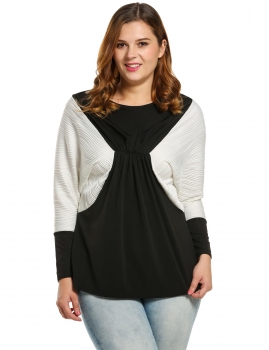 

Black Plus Size Loose O-Neck Patchwork Batwing Sleeve Casual Tops, Multicolor