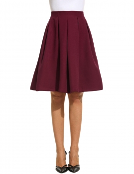 

Wine red Casual Solid High Waist Pleated A-line Skirts, Multicolor