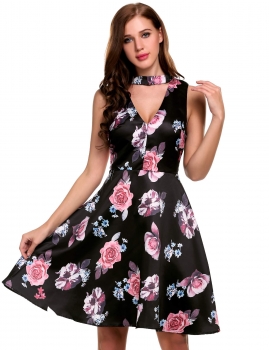

Black Vintage Styles Sleeveless Halter Prints Backless A-Line Pleated Hem Dress, Multicolor