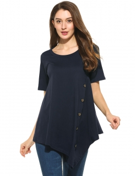 

Asymmetrical Hem Pleated Pullover O-Neck Short Sleeve Solid Top, Multicolor