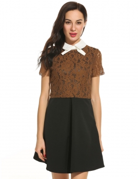 

Women Casual Short Sleeve Patchwork Bowknot Collar Lace Elegant Dress, Multicolor