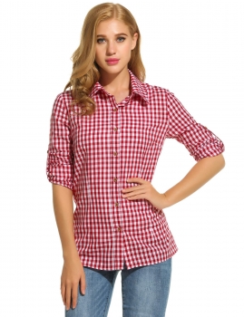 

ACEVOG Red Women's Turn Down Collar Roll Up Sleeve Plaid Slim Casual Button Shirts & Blouses, Multicolor