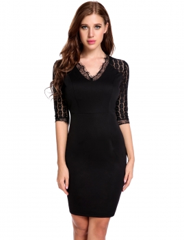 

Black V-Neck Half Sleeve Lace Patchwork Hollow Out Elastic Slim Dress, Multicolor