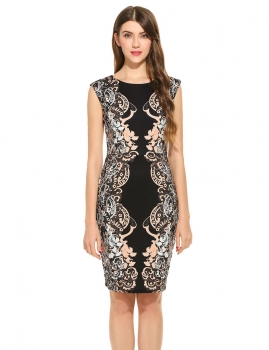 

Black Women Casual Sleeveless Print O Neck Vintage Style Pencil Dress, Multicolor