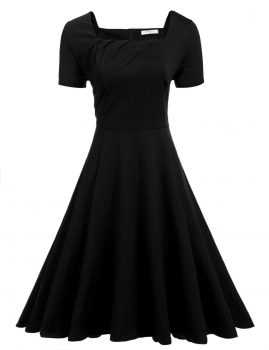 

Black Short Sleeve Large Swing Solid Slim Pleated Dress, Multicolor