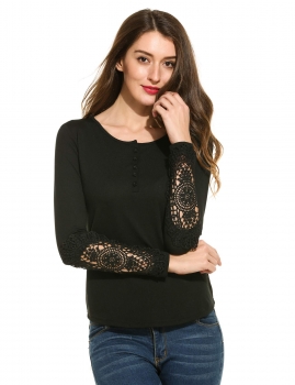 

Black Lace Hollow Out Sleeve O-Neck Long Solid Pullover Top, Multicolor