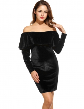 

Black Women Casual Long Sleeve Ruffle Off the Shoulder Pullover Bodycon Going Out Dresses, Multicolor