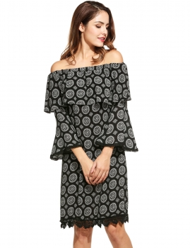 

Black New Women Fashion Off the Shoulder 3"4 Flare Sleeve Ruffle Crochet Lace-Trimmed Print Short Dress, Multicolor