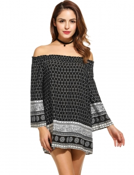 

Women Casual Long Sleeve Print Slash Neck Pullover A-Line Dress, Multicolor