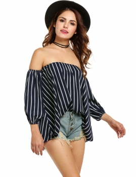 

Blue Long Sleeve Off the Shoulder Stripe Pullover Casual Tops, Multicolor