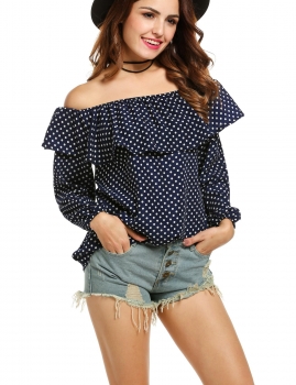 

Blue Long Sleeve Off the Shoulder Dot Loose Pullover Casual Tops, Multicolor