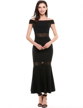 

Black Sleeveless Patchwork Off Shoulder Pullover Maxi Evening Fishtail Dress, Multicolor