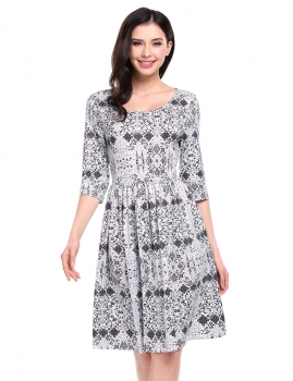 

White Casual Three Quarter Sleeve Prints A-Line Pleated Tunic Dress, Multicolor