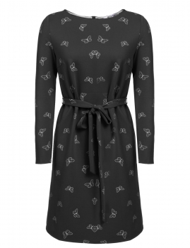 

Black New Women Casual O-Neck Long Sleeve Butterfly Printing Dress with Belt, Multicolor