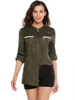 

Army green Stand Collar Long Sleeve Solid Button Zipper Pocket Shirt, Multicolor