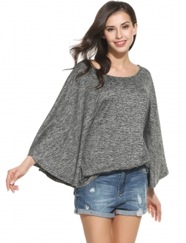 

Elastic Batwing Loose Pullover Knit O-Neck Three Quarter Sleeve Pleated Top, Multicolor