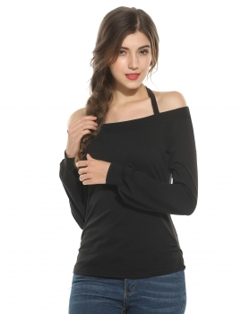 

Black Cold Shoulder Slash Neck Lantern Long Sleeve Solid Tops, Multicolor