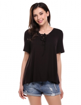 

Black V-Neck Lace Up Short Sleeve Pullover Loose Solid T-Shirt, Multicolor
