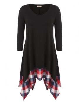 

Black 3"4 Sleeve V Neck Patchwork Plaid Hem Shift Dress, Multicolor
