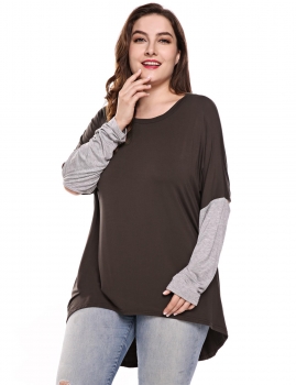 

Brown Plus Sizes Batwing Sleeve Patchwork Asymmetrical Long T-Shirt, Multicolor