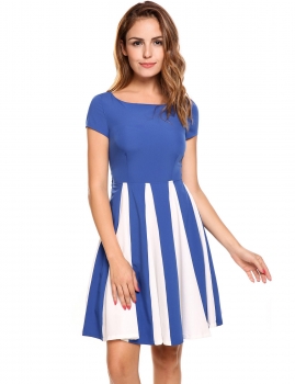

Blue O-Neck Cap Sleeve Patchwork Back Hollow Out Casual Dress, Multicolor