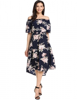

Blue Slash Neck Off Shoulder Short Sleeve Prints A-Line Casual Dress, Multicolor
