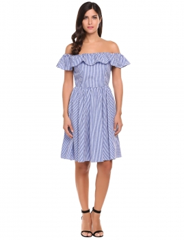 

Blue New Women Casual Slash Neck Backless Off Shoulder Ruffle Striped Pleated Dress, Multicolor