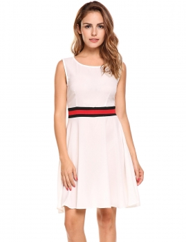 

White O-Neck Sleeveless Patchwork A-Line Pleated Hem Tunic Tank Chiffon Dress with Lining, Multicolor