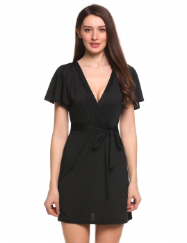 

Black Front Cross V-Neck Short Ruffle Sleeve Solid Pullover Elastic Dress, Multicolor