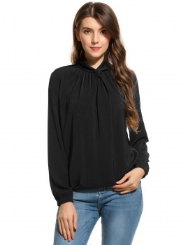 

Zeagoo Black Knot Stand Collar Long Sleeve Solid Draped Loose Shirts & Blouses, Multicolor