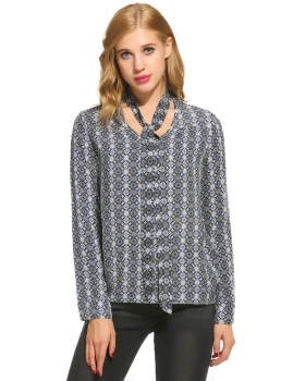 

Blue Bow Tie V-Neck Long Sleeve Print Loose Shirts & Blouses, Multicolor