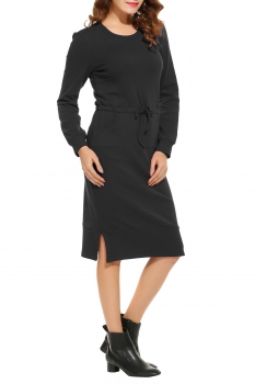 

New Women Casual O-Neck Long Sleeve Drawstring Waist Hem Split Slim Dress, Multicolor