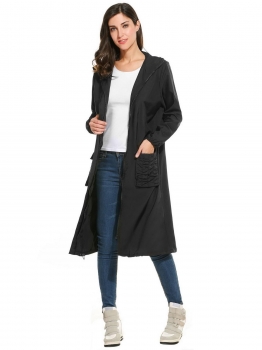

Black Hooded Long Sleeve Solid Waterproof Trench Coat, Multicolor