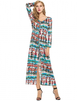 

Colour Women Casual Long Sleeve Print V Neck Vintage Style Maxi Dress, Multicolor
