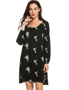 

Women Casual Loose Puff Sleeve Floral V Neck Pullover Embroidery Dress, Multicolor