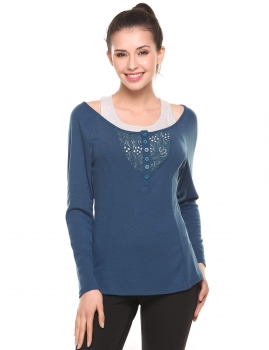 

Dark blue 2 PieceClothes Set O-Neck Long Sleeve Lace Hollow Out Tops, Multicolor