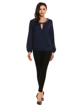 

Dark blue Beading V-Neck Long Lantern Sleeve Solid Front Cross Chiffon Blouse Tops, Multicolor