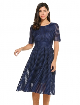 

Women Casual Short Sleeve Check Hollow Out O Neck Swing Dress, Multicolor