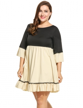 

Apricot Women O-Neck Three Quarter Sleeve Patchwork Pleated Plus Size Backless Loose Casual Dresses, Multicolor