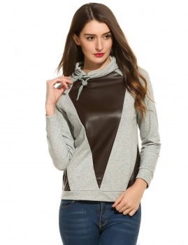 

Turtleneck Raglan Sleeve Synthetic Leather Patchwork Pullover Hoodie Sweatshirt, Multicolor