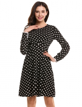 

White Women Long Sleeve Polka Dots Casual Cocktail Party Skater Dress, Multicolor