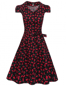 

Red Vintage Style V-Neck Cap Sleeve Belted Polka Dots Casual Dress, Multicolor