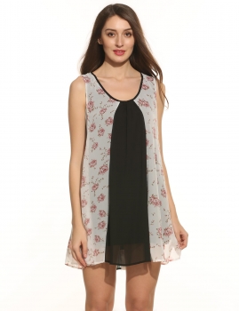 

Black Women Casual Sleeveless Patchwork O Neck Loose Chiffon Dress, Multicolor